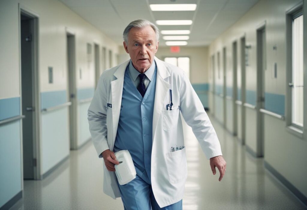 old white doctor running inside hospital looking worried