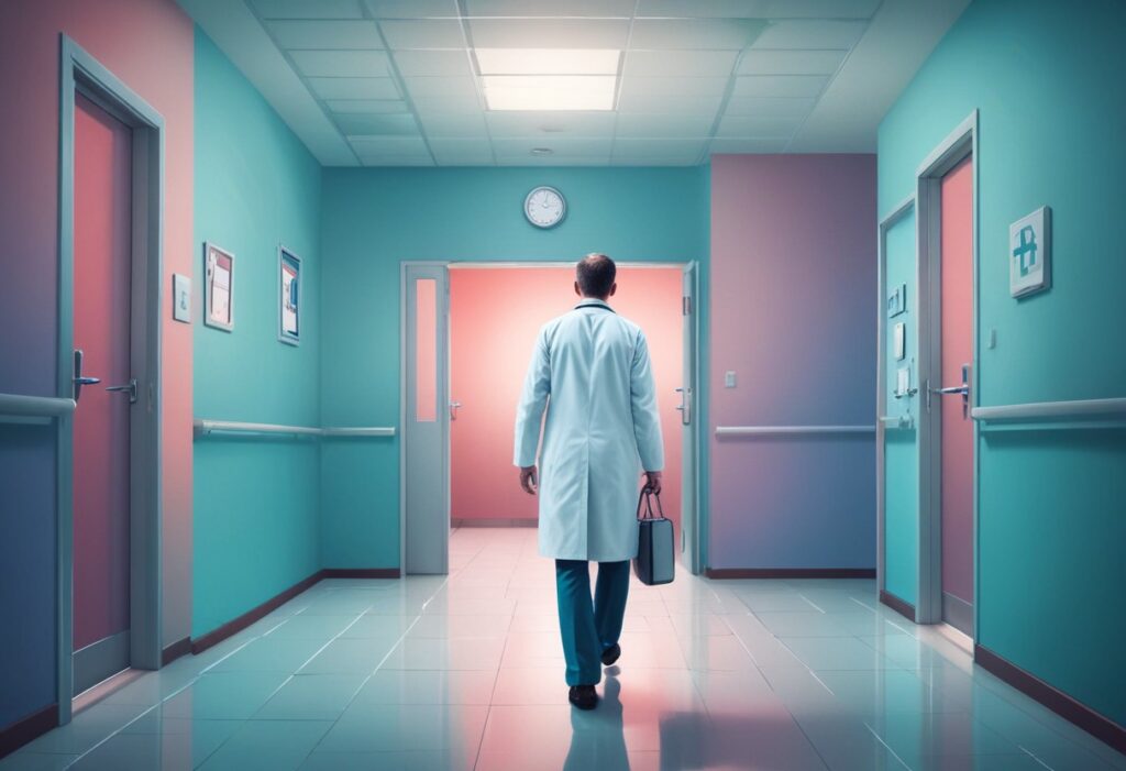 Physician walking to an exit door after resigning