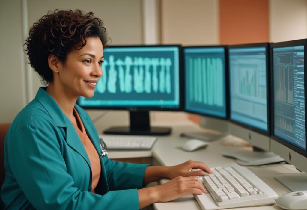 Brown woman doctor smiling and checking her computer